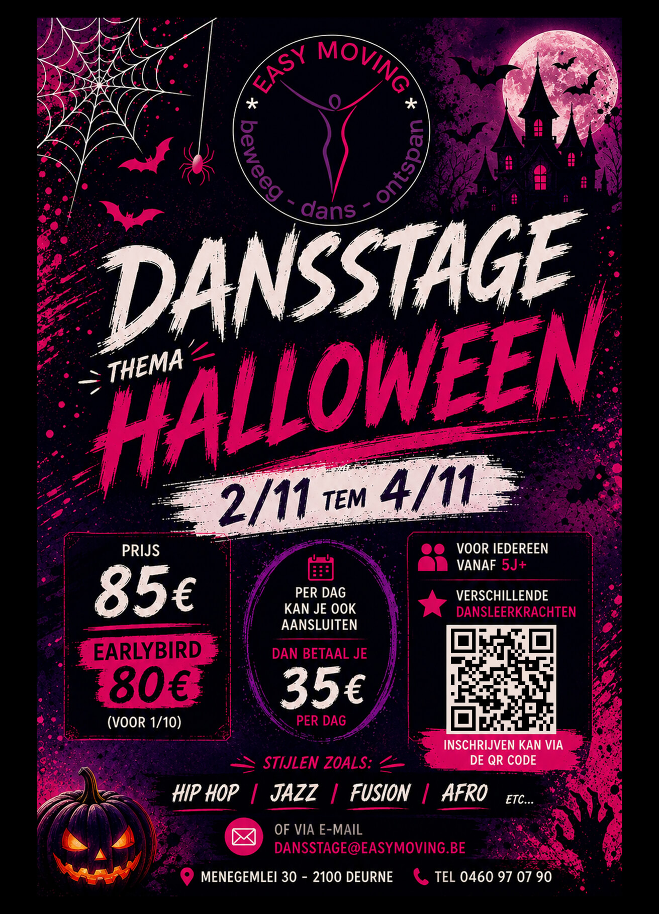 Dansers van Easy Moving tijdens de dansstage Halloween in de studio in Deurne